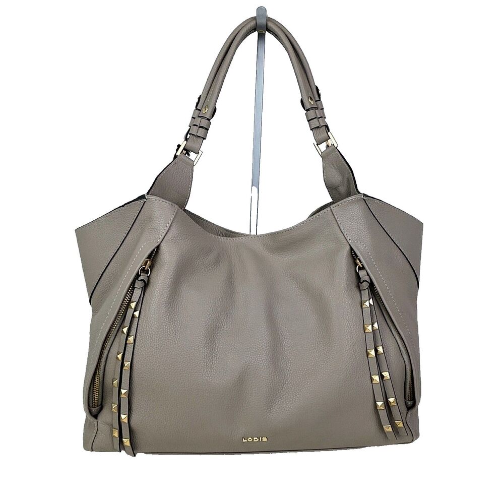 NWT LODIS Camilla Tote Shoulder Bag Ash Grey Taupe Leather Studded Zip Tassels